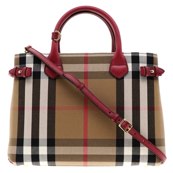 Burberry Banner Medium Tote Shoulder Bag Check Canvas Red New - Picture 2 of 9